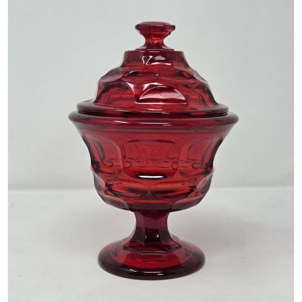 Fostoria American Ruby Red Footed Candy Dish Lid 1980s Pressed Glass Compote